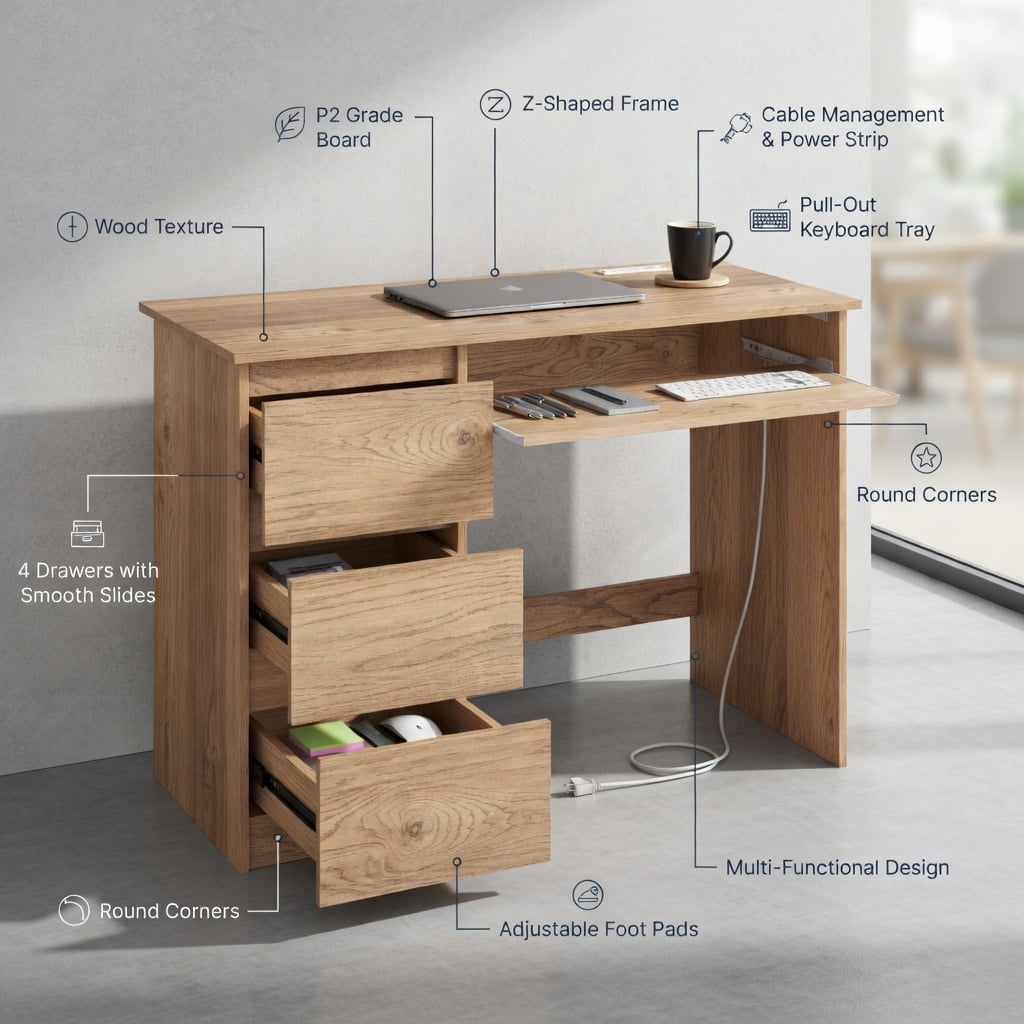 Spaco Computer Desk with Power Outlet Keyboard Tray and 3 Large Drawers-Natural,