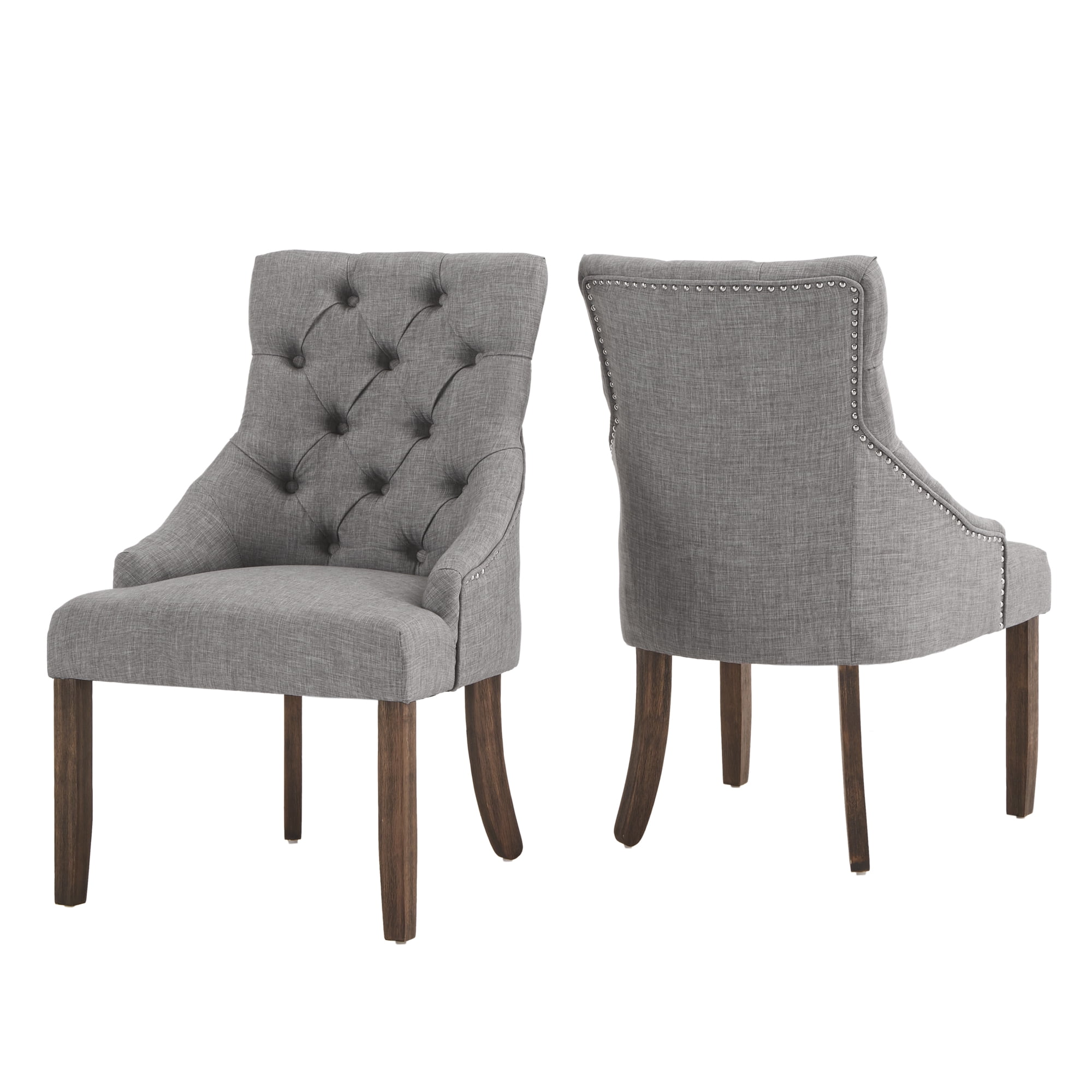 Weston Home Bolton Curved Tufted Back Dining Chairs, Set of 2, Grey Linen, Brown Finish
