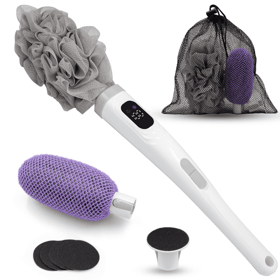 Sentryse Electric Body Scrubber with Long Handle, Rechargeable Shower Brush with 3 Attachments, Spin Back Scrubber for Exfoliating, Deep Cleaning & Hard-to-Reach Areas
