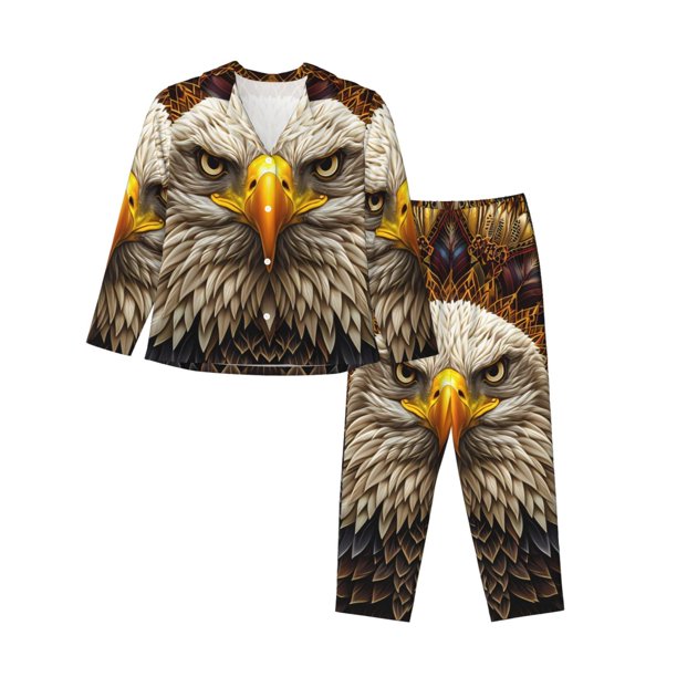 Fotbe Vintage Pattern Bald Eagle Conjunto de Pijama de Manga Larga para Mujer con Estampado, Ropa de Dormir de 2 Piezas, Conjunto de Casa Suave y Cómodo con Bolsillos-Medium