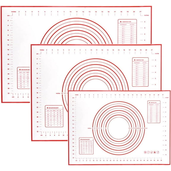 Set of 3 assorted sizes (Small, Medium, Large) - Non-Stick Silicone Baking Mat - Pastry Mat with Measurements Perfect for for Pizza, Cake, Fondant, Cookies and Bread Making