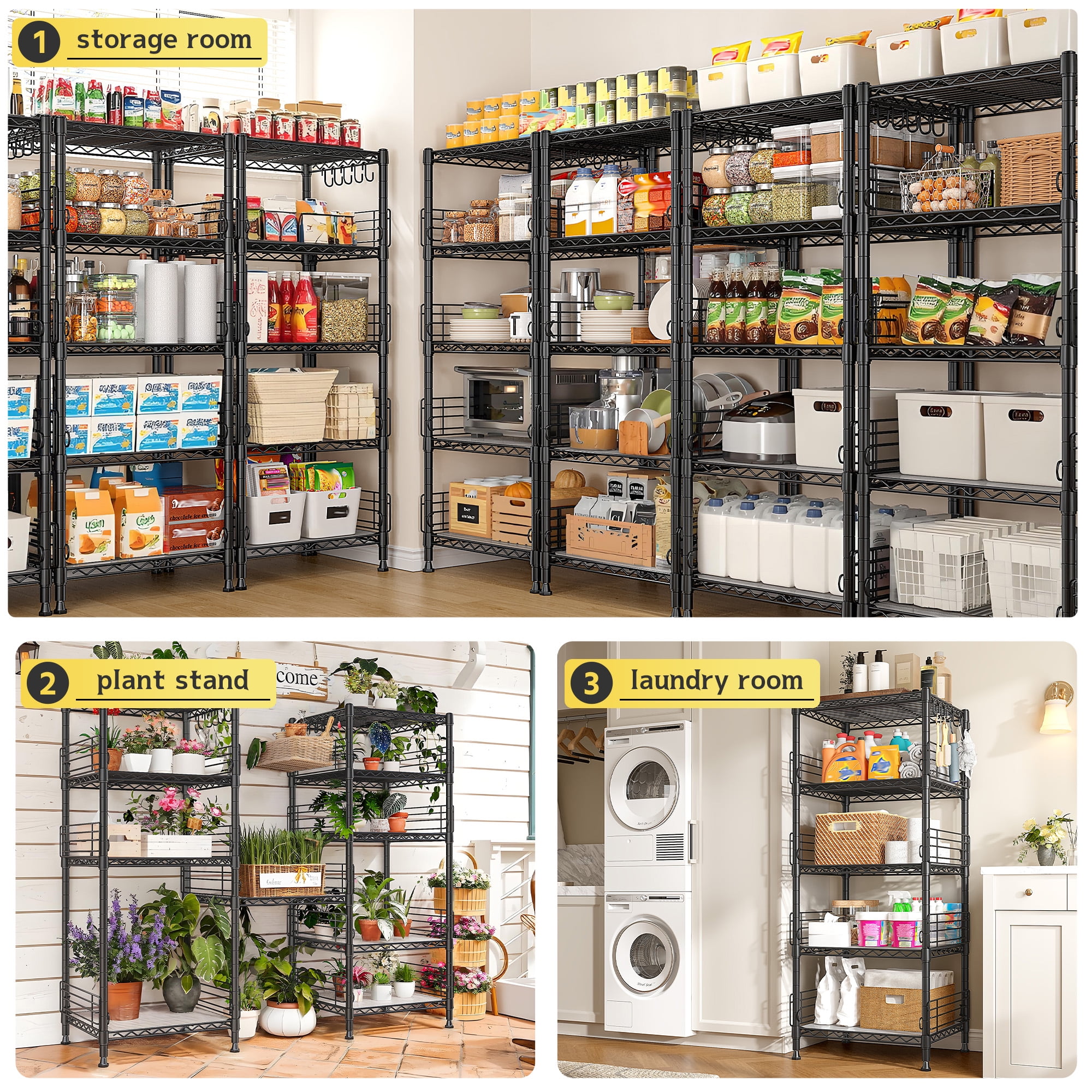 REIBII 5-Tier Wire Shelving Unit Shelves with 4.7"Side Guards,18.1"Wx18.1"Dx59"H, Heavy Duty Metal Storage Rack with Shelf Liners & Hooks for Kitchen,Pantry,Small Spaces,Black