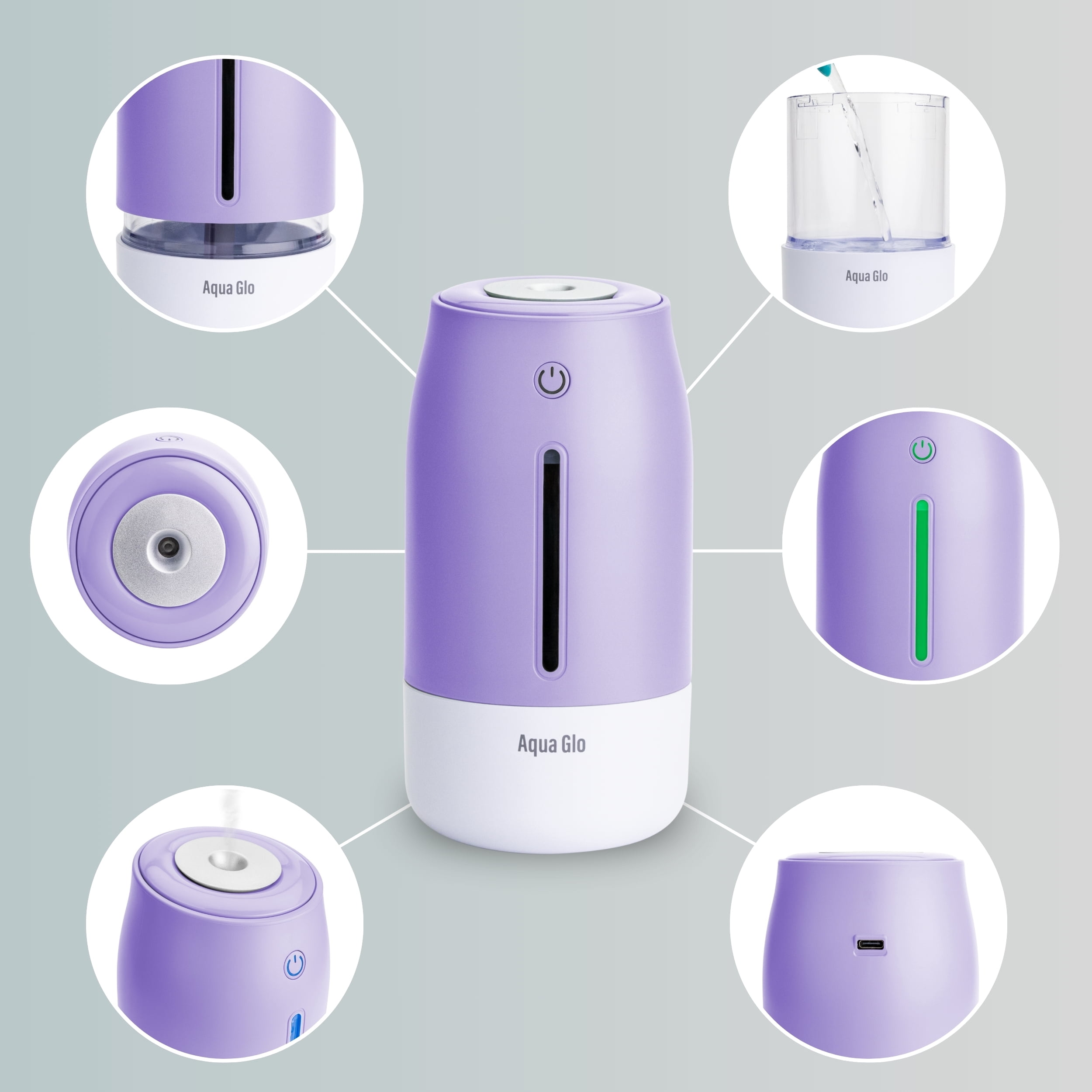 Airvana Aqua Glo Personal, Portable Humidifiers for Bedroom – Ultrasonic Cool Mist Humidifier with Built In Rechargeable Battery. Air Humidifier for Baby, Plants, Home, Office, Travel. Lavender