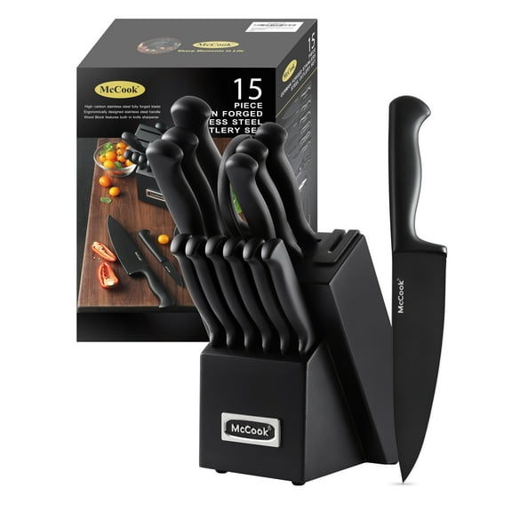 McCook MC21B Black Knife Set, 15 PCS High Carbon One Piece Forged Stainless Steel Kitchen Knife Set, Knife Set with Block and Built-in Sharpener ,6 Pcs Steak Knives