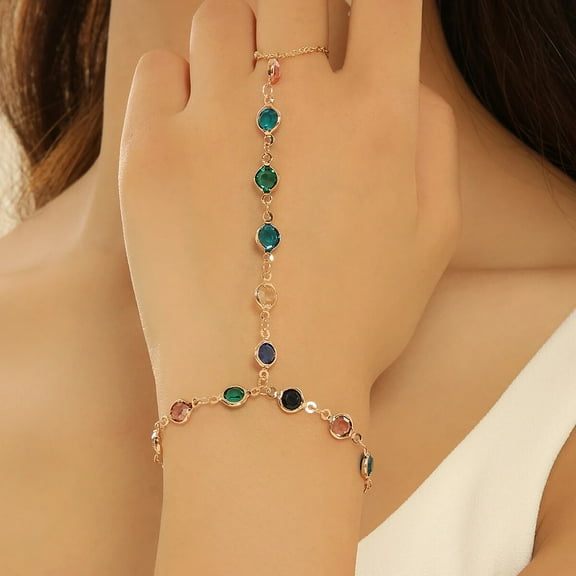 Bohemian Style Colorful Crystal Chain Wrist Ring Bracelet Sets for Women Girls Connected Finger Charm Bangle Jewelry