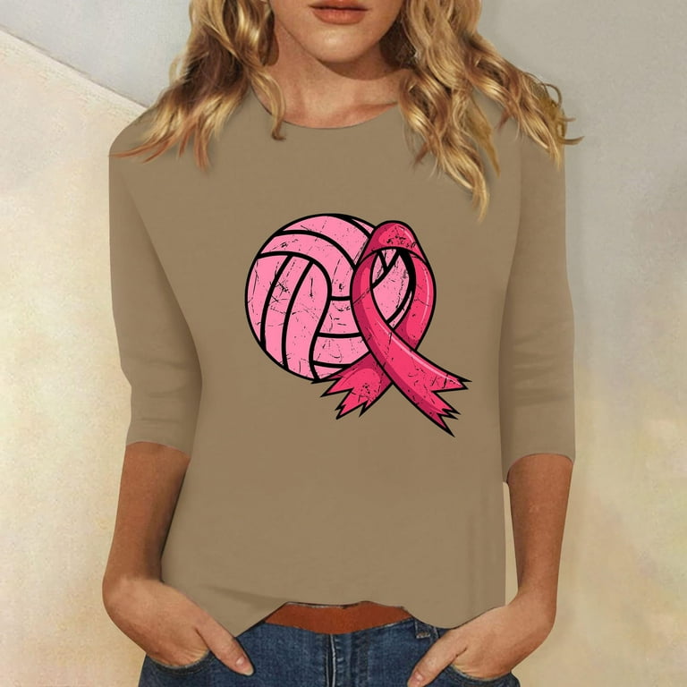 REORIAFEE Breast Cancer Women's T-Shirt Plus Size Long Sleeve Round Neck  Pink Tee Shirts Women Pink1 XXXL 