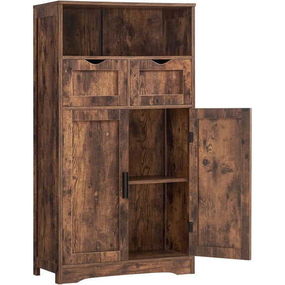 TEENFON Storage Cabinet with 2 Drawers & Shelves, Kitchen Cabinet for Living Room, Kitchen, Home Office, Rustic Brown