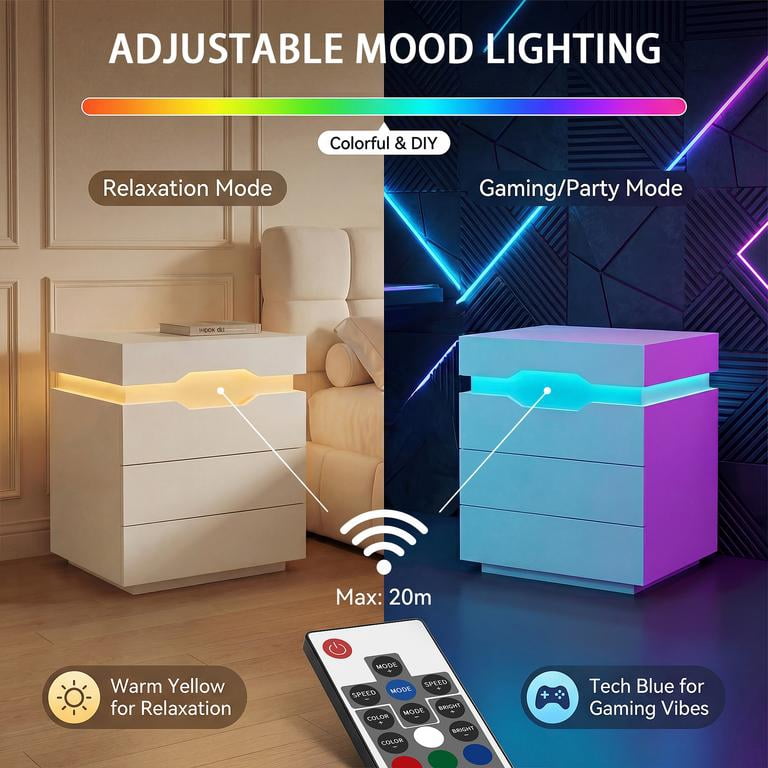 Lacoo Modern End Table with LED Lights & Charging Station, White Nightstand with 3 Drawers & Upper Storage for Living Room Bedroom, 3 Drawer