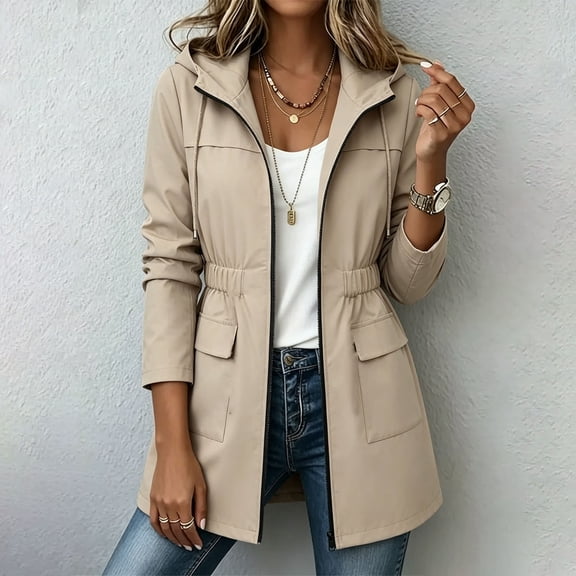 Noric Women's Hooded Coat Spring Autumn Casual Zip Up Jacket with Ruched Waist Pocket Windbreaker Outdoor