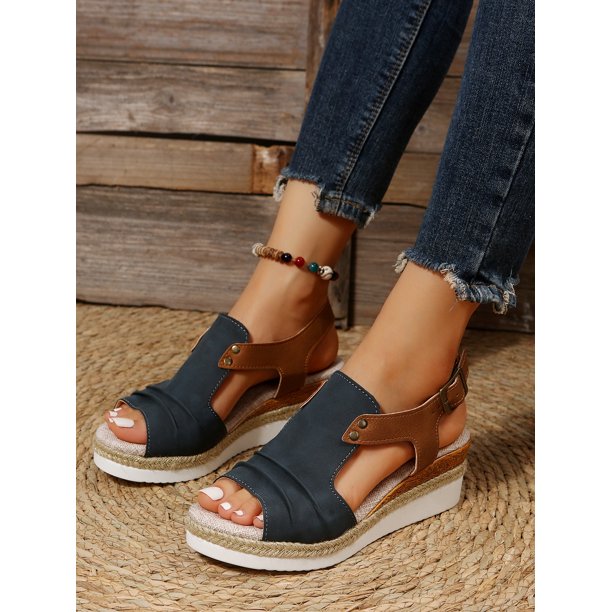 Sandalias de cuña con boca de pez de estilo europeo y americano de verano, sandalias de mujer de suela gruesa con hebilla de cinturón plisado de gran tamaño