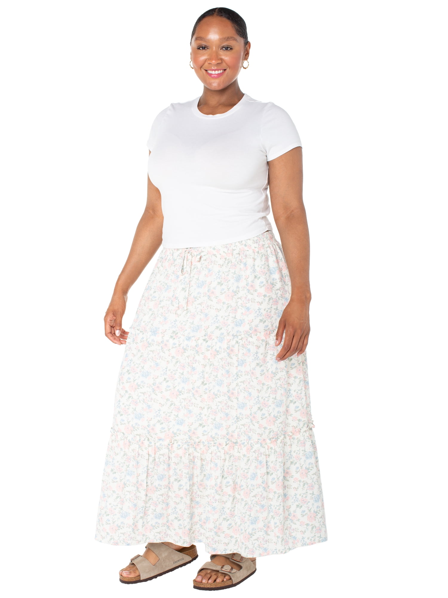 Celebrity Pink Women's and Women's Plus Floral Print Tiered Maxi Skirt, Sizes XS-4X