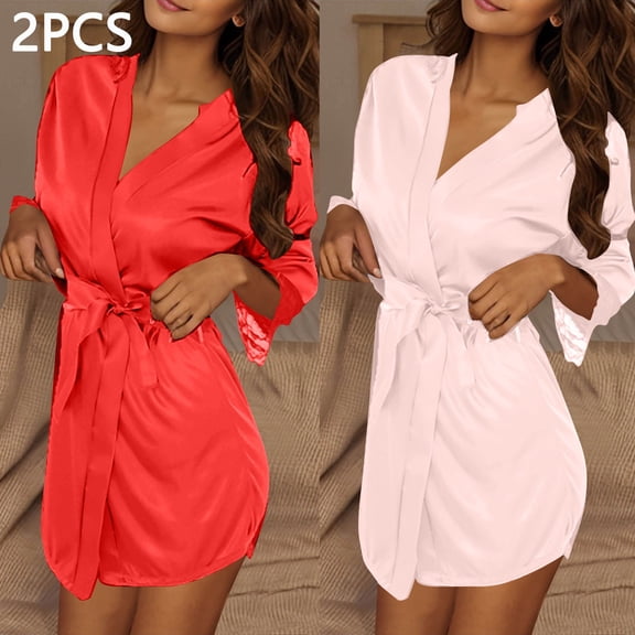 Aueoeo 2 PCS Satin Robes for Women Knee Length Bathrobe V-neck Casual Loungewear Lightweight Robe Soft Sleepwear
