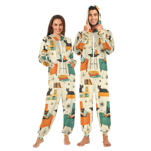 FORMRS Onesies Pajama for Adults Unisex Hoodie Winter Jumpsuit One Piece Sleepwear, Sizes S-2XL, Black Cats Reading
