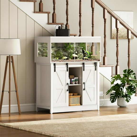 Herture 40 Gallon Reptile Terrarium with Stand, Reptile Tank with Barn Door and Storage, Vivarium with Acrylic Doors, Ventilated Mesh Top & Power Outlet, for Geckos, Lizards, Snakes White PX06RTW