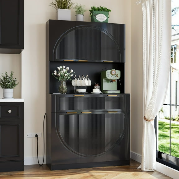 71" Pantry Cabinet, Kitchen Pantry Storage Cabinet with Microwave Stand and Power Outlets, Kitchen Hutch Cupboard with Drawers and Doors, Black