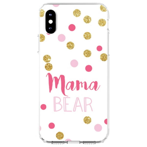 DistinctInk Clear Shockproof Hybrid Case for iPhone XR (6.1" Screen) - TPU Bumper, Acrylic Back, Tempered Glass Screen Protector - Pink White Gold "Mama Bear"