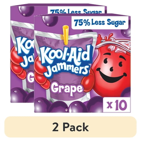(2 pack) Kool-Aid Jammers Artificially Flavored Drink, 10 Pouches, for School Lunches and On-the-Go Hydration, Grape Flavor, Excellent Source of Vitamin C, 6 fl oz