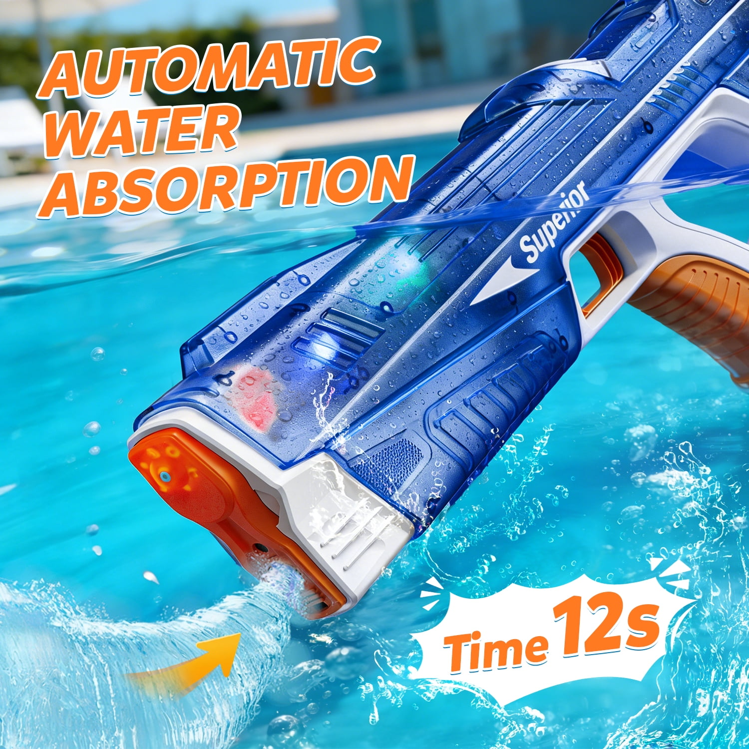 WonderStone Electric Water Blaster, Modular Battery Powered Automatic Waterproof Water Machine with Light, 32 Ft Long Range, Pool & Beach Outdoor Party Toy for Kids Ages 8–12, Blue