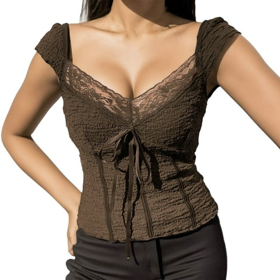 Womens V Neck Lace Lace Patchwork Bow Knitwear Classical Style Waist Top