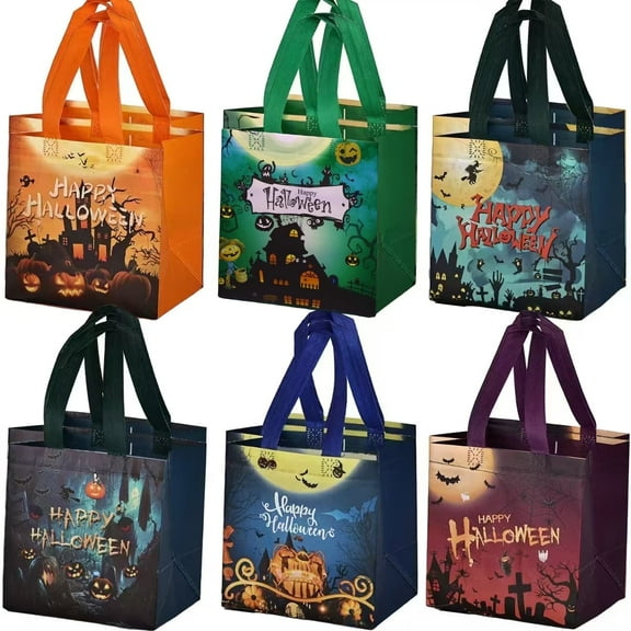 12PCS Halloween Trick or Treat Tote Bags with Handles, Multifunctional Non-Woven Gift Bags for Wrapping, Party Supplies, 7.9"7.9"4.8"