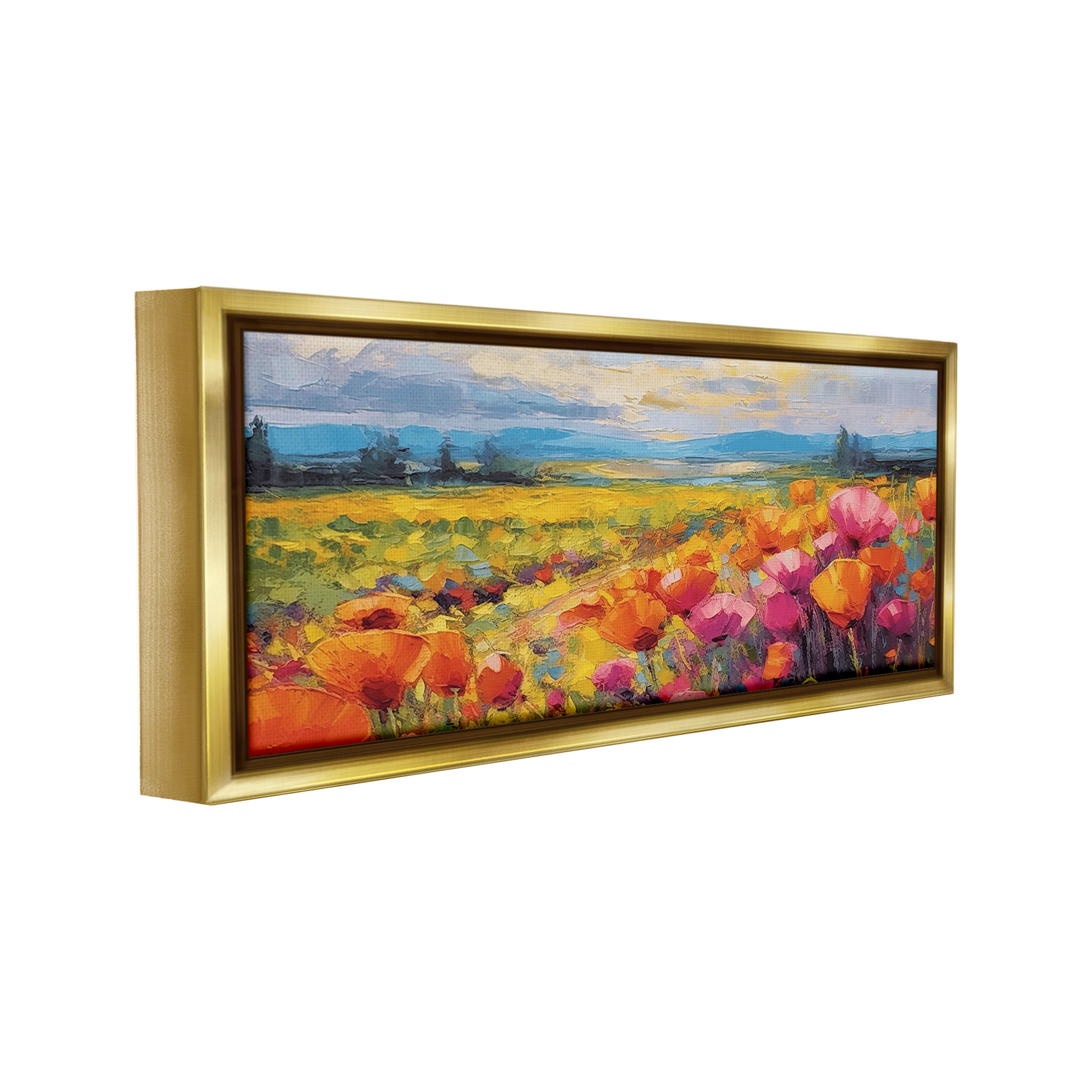 Stupell Industries Bright Tulips Landscape Landscape Painting Gold Floater Framed Canvas Art Print Wall Art, 31 x 14