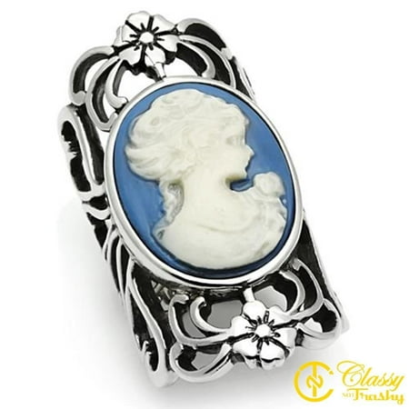 Porcelain Cameo Ring - Classy Not Trashy® Women's High Polished Stainless Steel Capri Blue Cameo Ring - Size 7