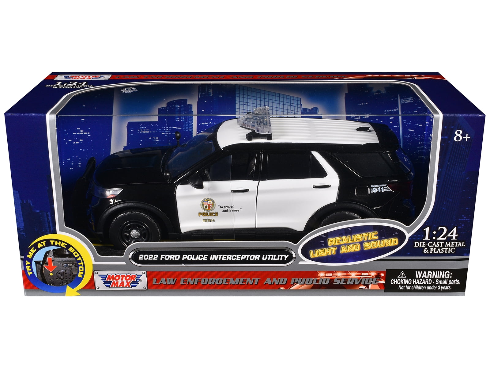 2022 Ford Police Interceptor Utility Black and White "LAPD" w/Light Bar and Lights and Sounds 1/24 Diecast Model Car by Motormax