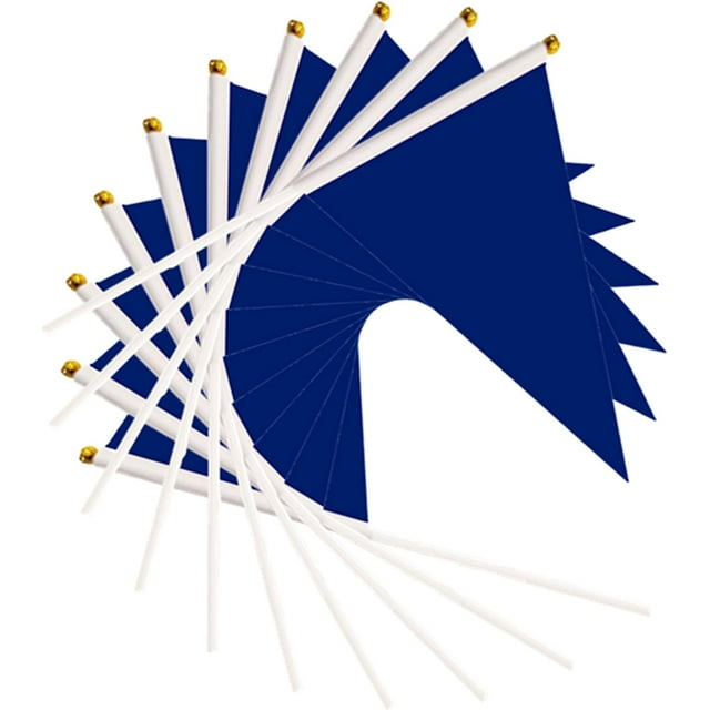 paquete de 100 banderines de color azul oscuro, banderines pequeños de mano de color sólido en palos blancos con remate dorado; composición en abanico que muestra las 100 banderas triangulares superpuestas, adecuados para decoración de fiestas, eventos y manualidades DIY.