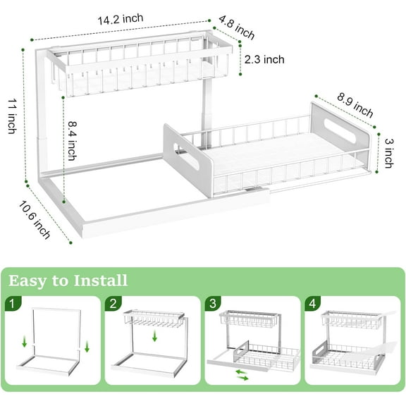 Under Sink Organizer, Pull Out Cabinet Organizer 2 Tier Slide Out Sink Shelf Cabinet Storage Shelves, Storage for Kitchen Bathroom, White, 2 Pack