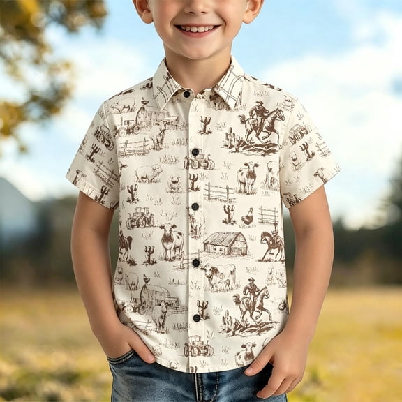 Button Down Shirts for Boys Short Sleeve Western Farm Animal Print Casual Top Daily Party Vacation Wear