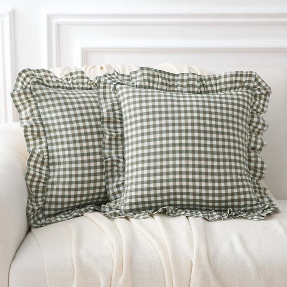 2 Pack Sage Green Plaid Ruffle Gingham Throw Pillow Covers, 100% Washed Cotton Checkered Farmhouse Decorative Pillow Shams for Bed/Sofa - 18''x18''