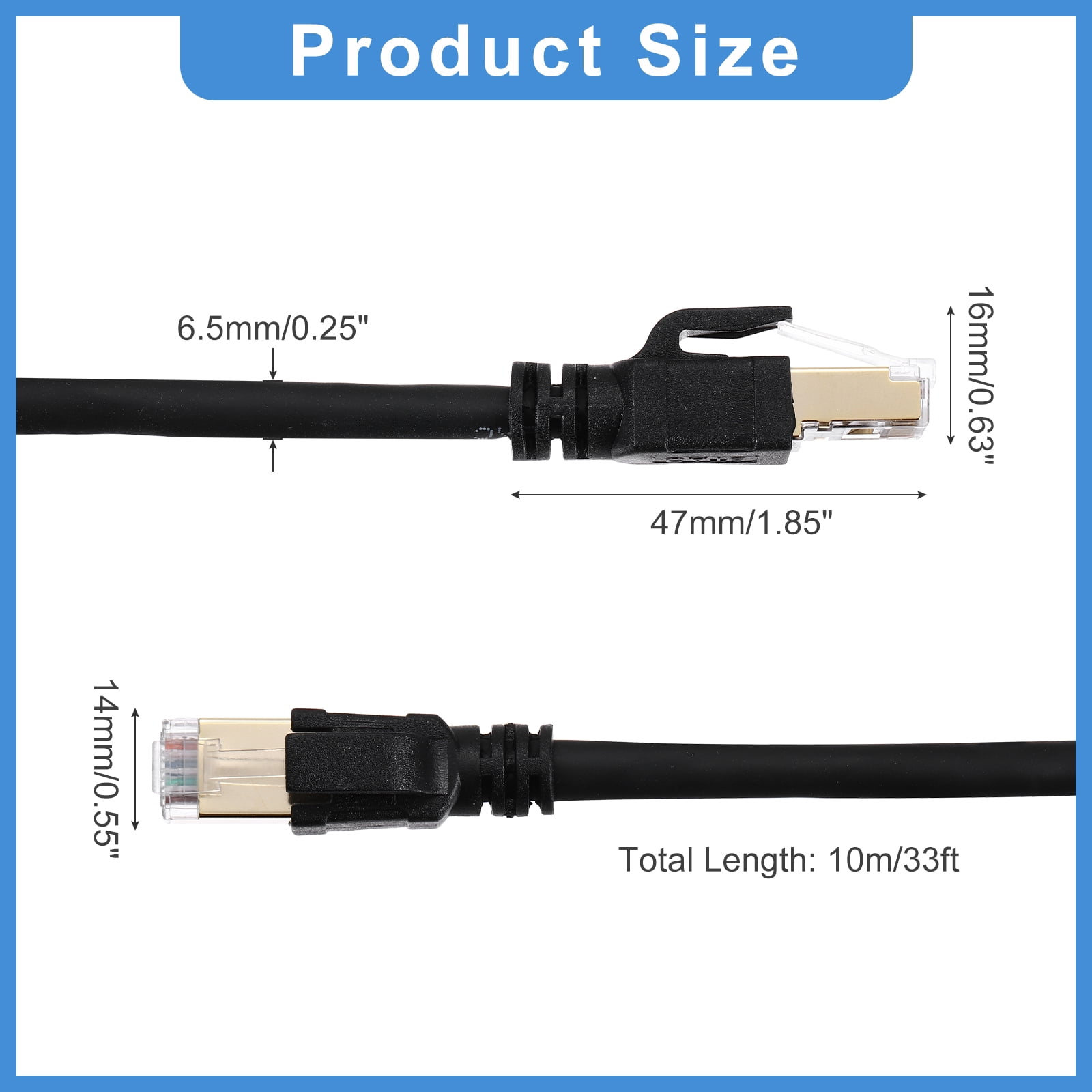 Cat 8 Ethernet Cable 33ft, 26AWG 40Gbps 2000Mhz High Speed Cat8 LAN Network Patch Cord with Gold Plated RJ45 Connector