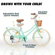 Glerc Missy 24 inch Girl Cruiser Kids Bike Shimano 6-Speed Teen Hybrid City Bicycle with Rack for Youth Ages 7 8 9 10 11 12 13 14 Years Old Wicker Basket & Lightweight, Mint Green