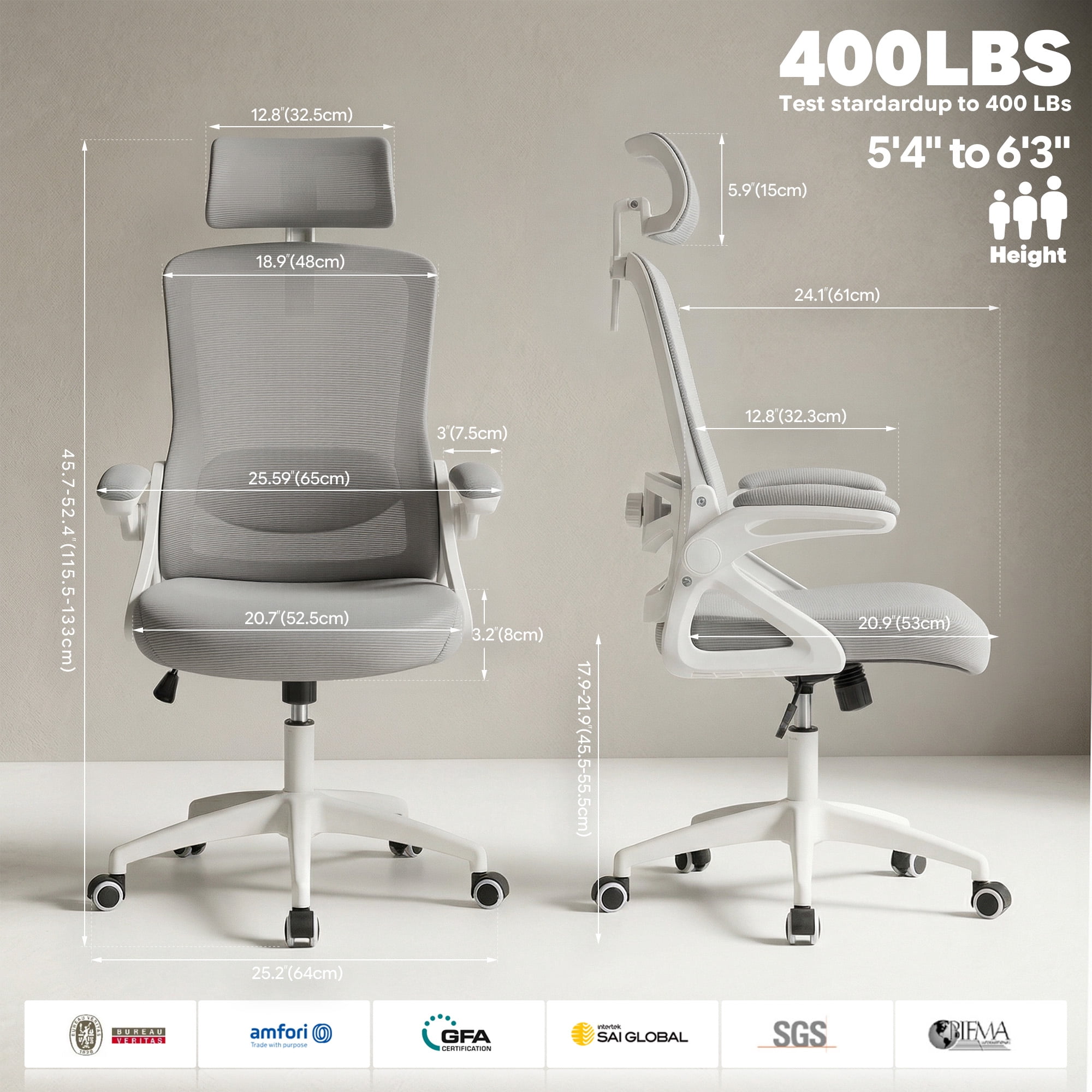 Ultifit Ergonomic Office Chair for Adult, Gray Breathable Mesh Desk Chair with Adjustable Headrest, Armrests, Lumbar Support, and Rocking Function，400LBS