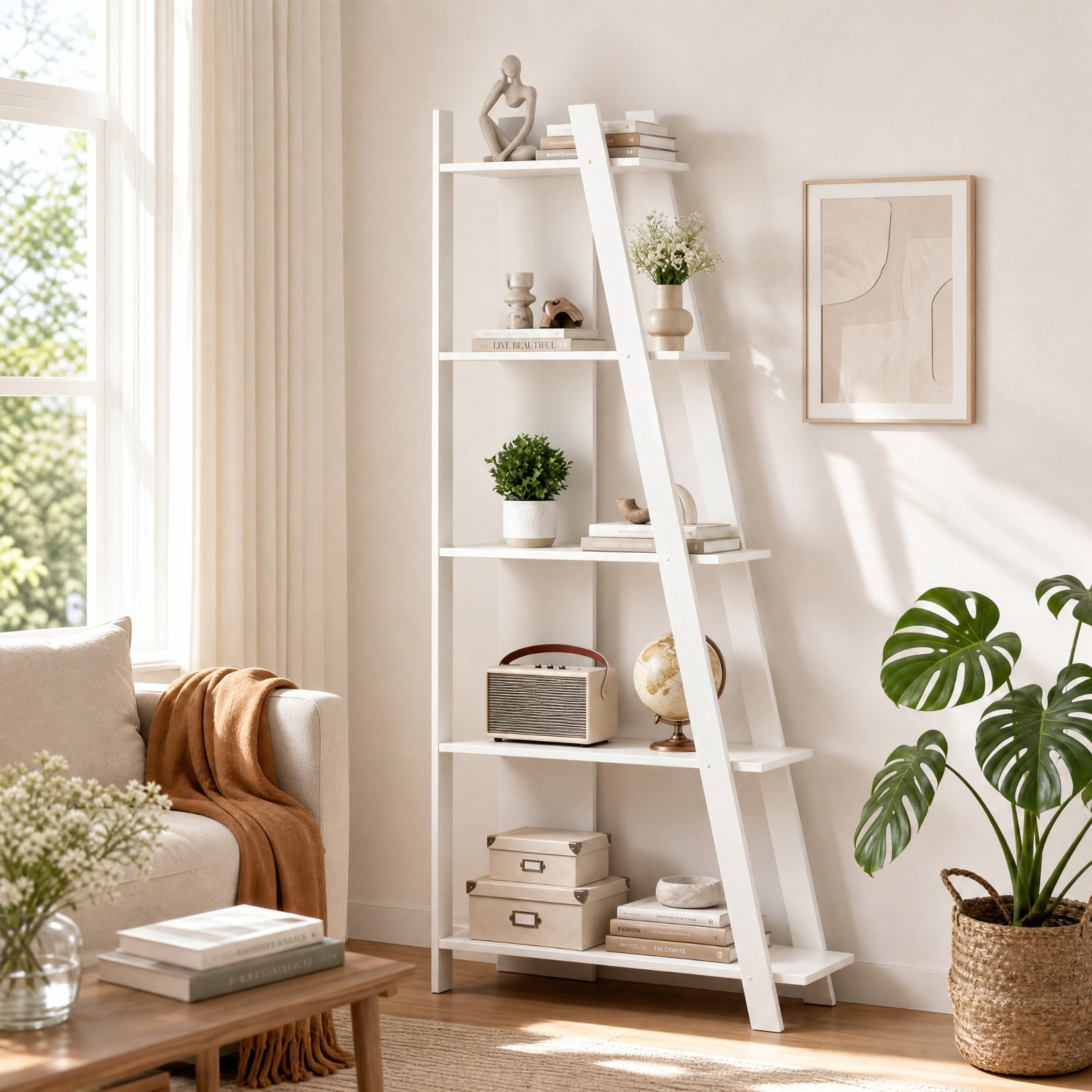 Furnibear 5-Tier Modern Bookshelf Narrow Vertical Display Shelf for Small Space for Living Room Home Office Bedroom Display Storage Shelf, White