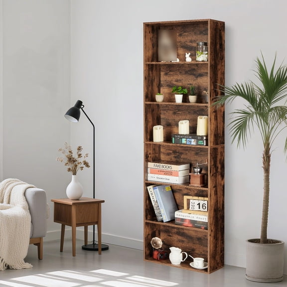 6 Tier Wood Bookcase, 71" Tall Freestanding Bookshelf, Floor Standing Open Display Rack, Storage Book Shelf for Living Room Home Office