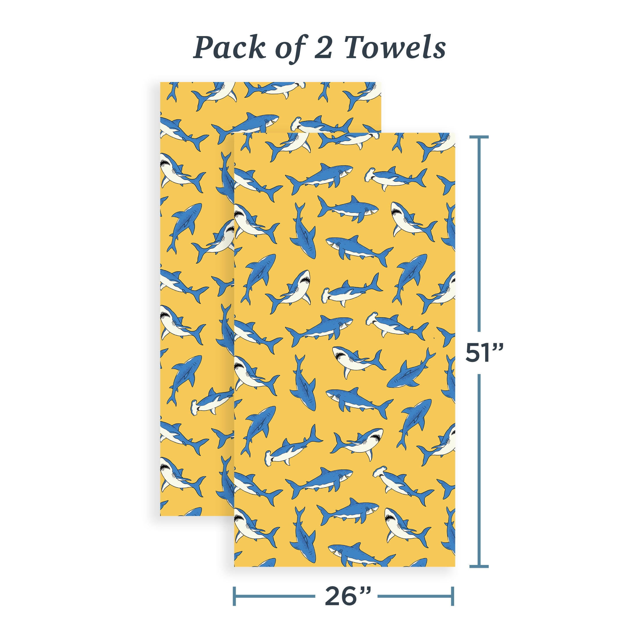 Welhome Kids Towel Set, 2 Piece 100% Cotton Pool Party Towels, 380 GSM, Absorbent Bath Towels For Everyday Use, Sharks Printed Bathroom Towels