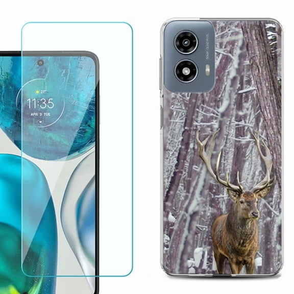 Phone Case for Motorola Moto G 5G 2024, with Tempered Glass Screen Protector, by OneToughShield - Deer/Snow/Camo