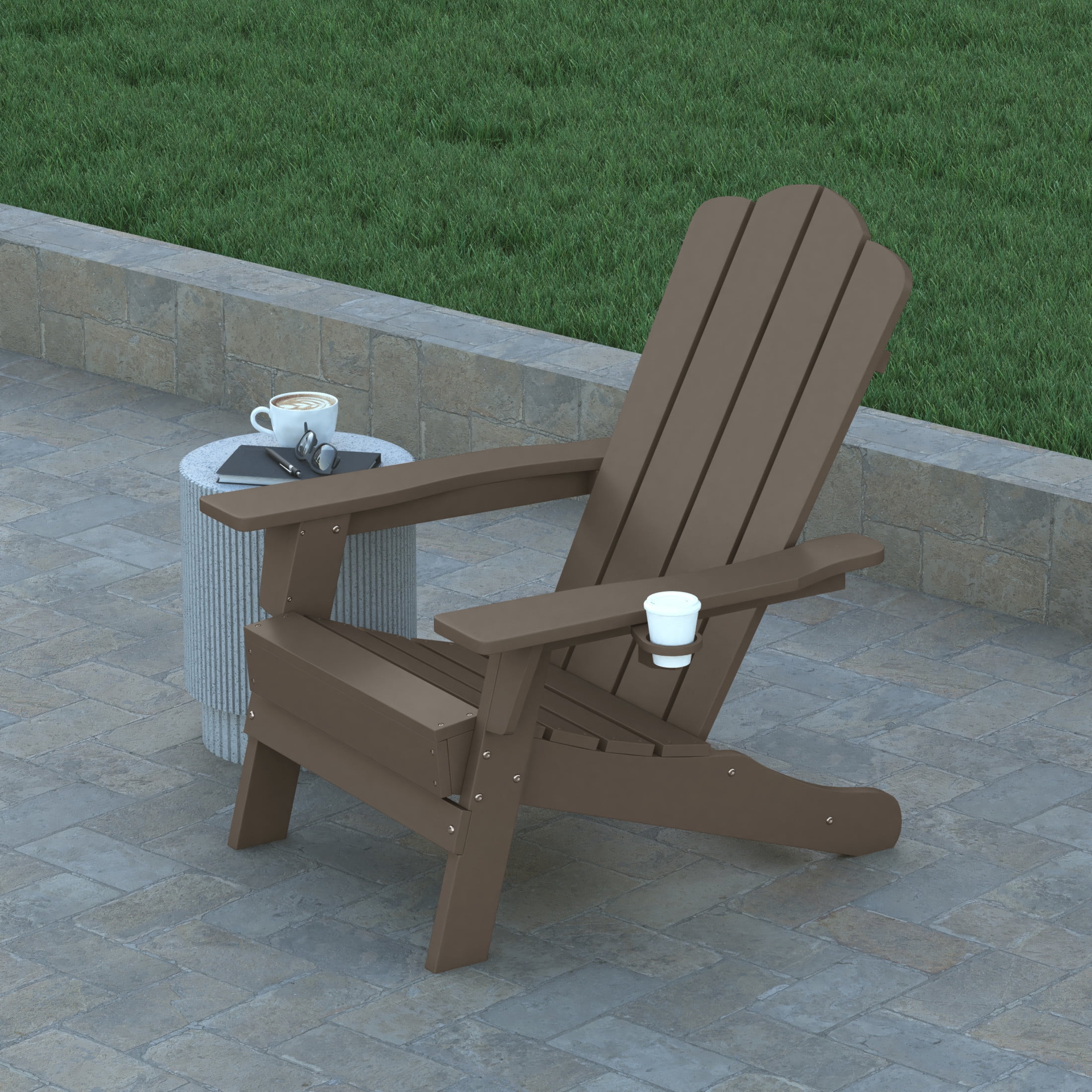 Emma + Oliver Set of 2 Adirondack Chairs with Cup Holders, Weather Resistant HDPE Adirondack Chairs in Brown