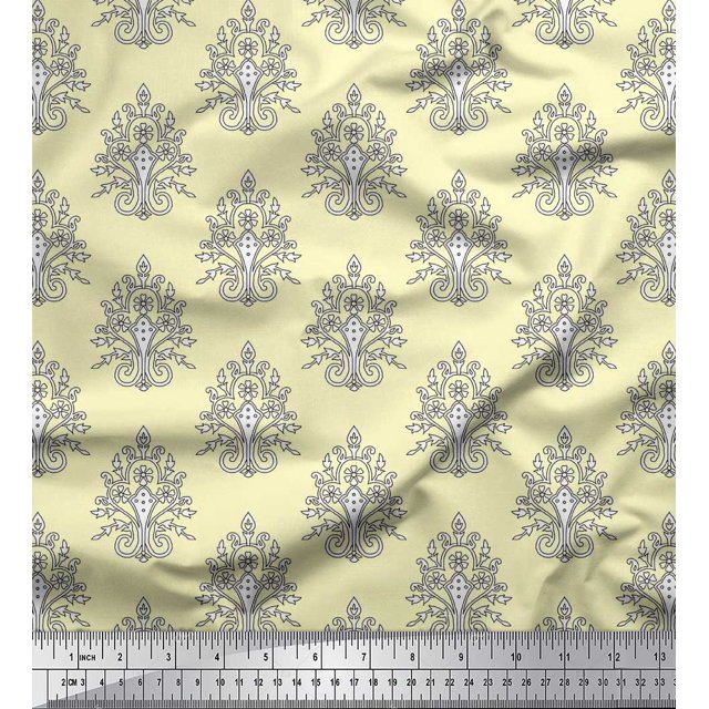 Soimoi Polyester Crepe Fabric Leaves,Floral & Paisley Block Printed Fabric 1 Yard 42 Inch Wide