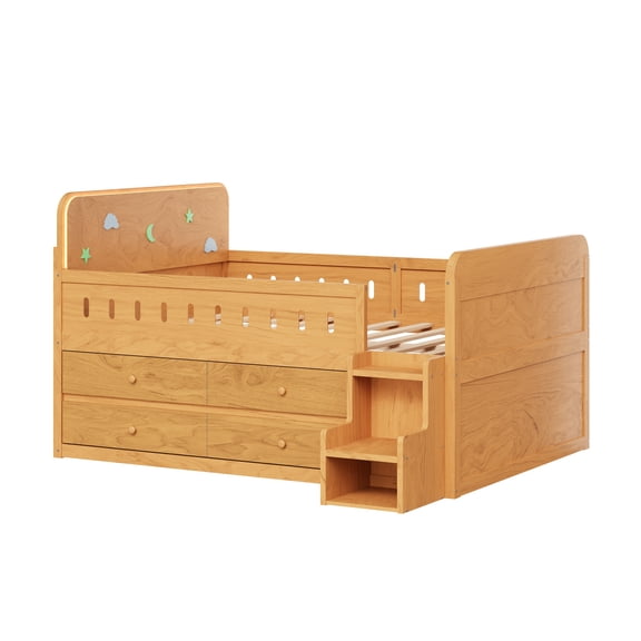 Euroco Wood Full Size Platform Bed with 4 Drawers and LED Light, Low Profile Kids Bed with Storage, White