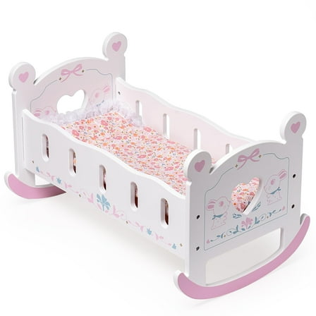 ROBUD Wooden Doll Cradle Rocking Baby Doll Crib, Reversible Doll Bed Furniture with Pink Pad for Dolls Girl,Fits Dolls up to 18 Inches (Pink)