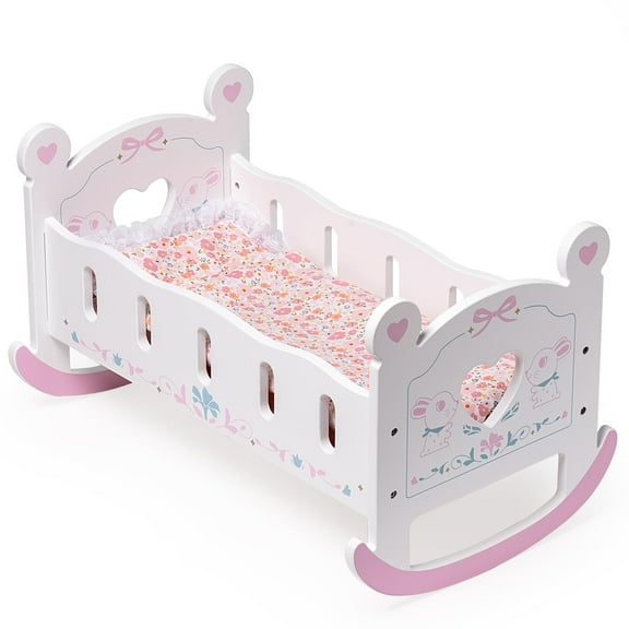 ROBUD Wooden Doll Cradle Rocking Baby Doll Crib, Reversible Doll Bed Furniture with Pink Pad for Dolls Girl,Fits Dolls up to 18 Inches (Pink)