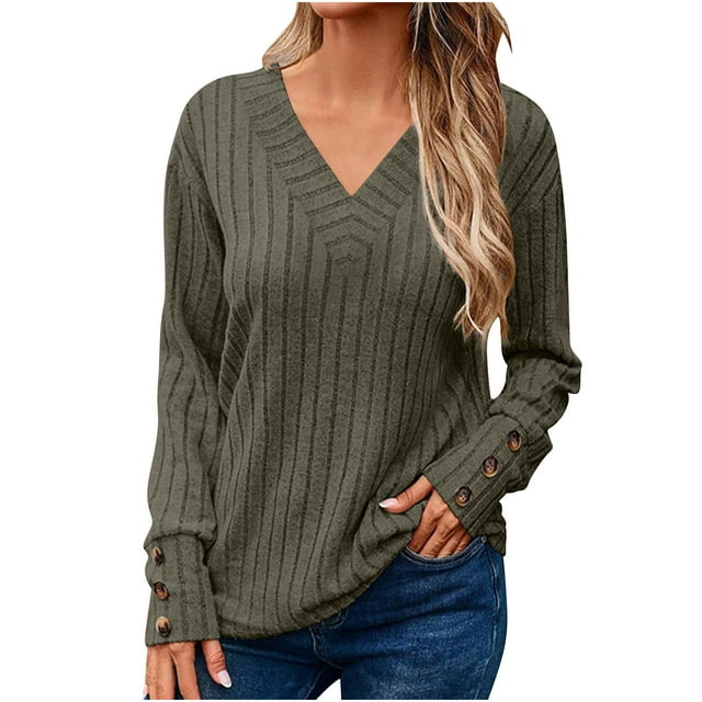 MeetoTime Women's V-Neck Ribbed Long Sleeve Tunic Tops Fall Casual Solid Color Stretchy Knit Sweater Pullover