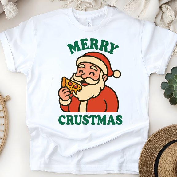 Merry Crustmas Shirt | Funny Santa Eating Pizza Graphic Tee | Unisex Casual T-Shirt, White, Size S