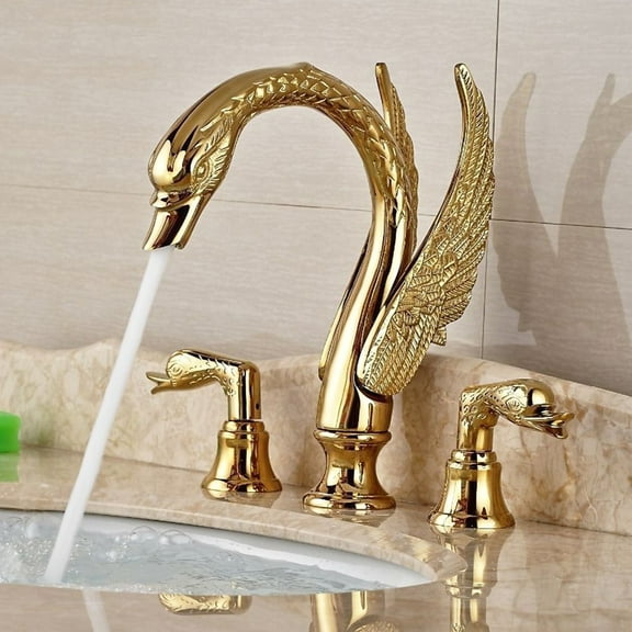 Gold Swan Bathroom Sink Faucet 3 Holes Widespread Dual Handle Basin Mixer Faucet