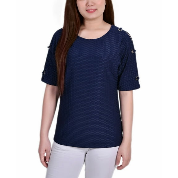 Ny Collection Petite Short Sleeve Honeycomb Textured Grommet Top - Dark Blue