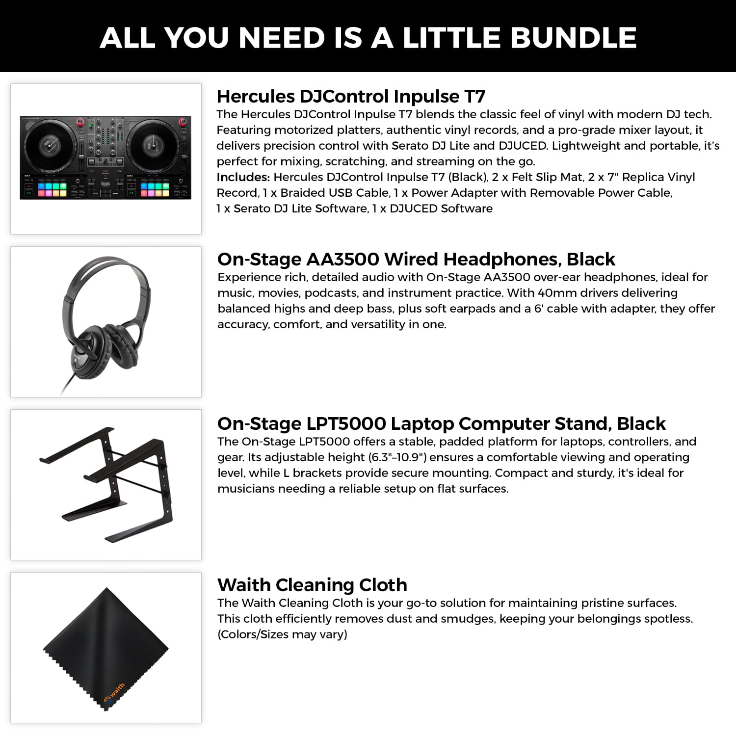 Hercules DJControl Inpulse T7 Black DJ Controller+Headphones+Laptop Stand Bundle