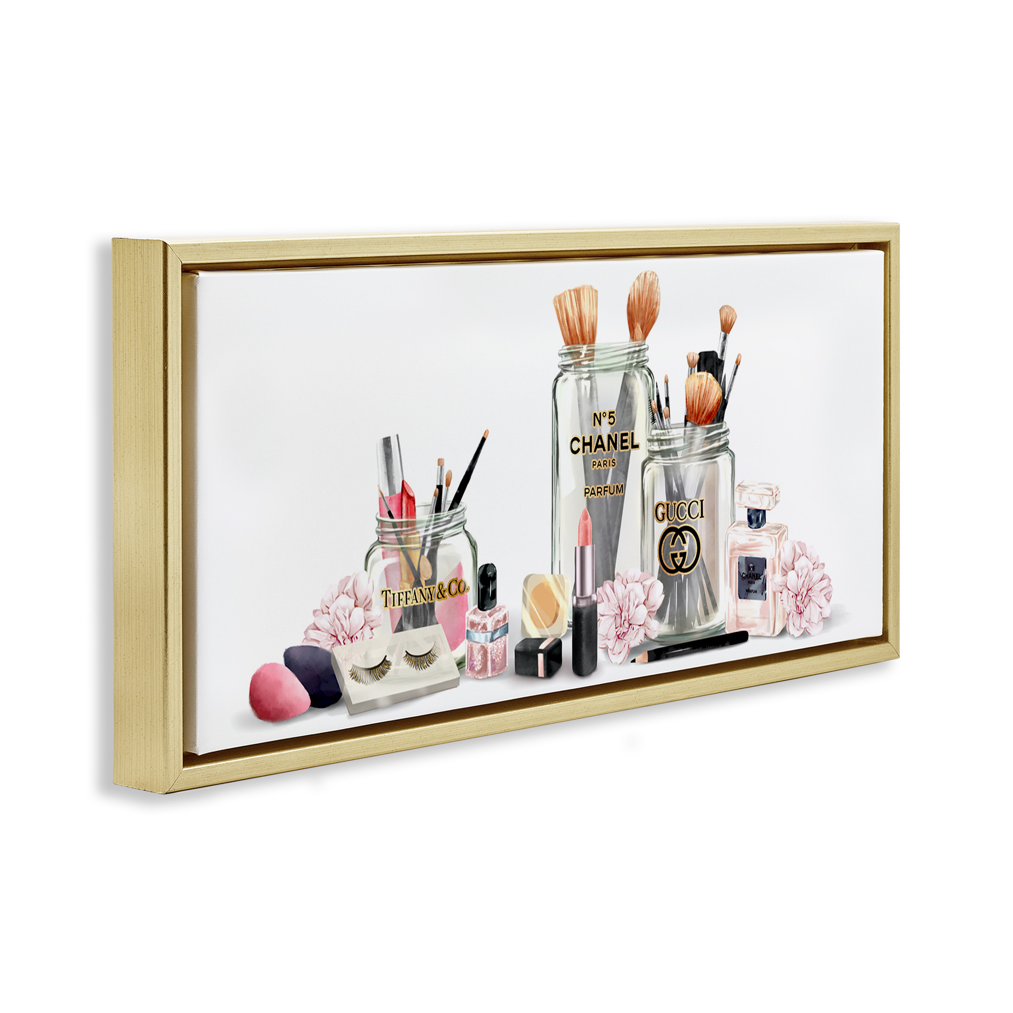 Stupell Industries Floral Makeup Collection Still Life Beauty & Fashion Painting Gold Floater Framed Canvas Art Print Wall Art, 31 x 14