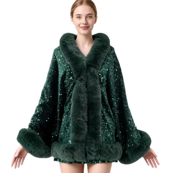 Puyaiuu Women Winter Fleece Lined Sequin Cape Shawl Faux Fur Trim Warm Cloak Outerwear Wrap Cardigan Army Green Free Size Gift